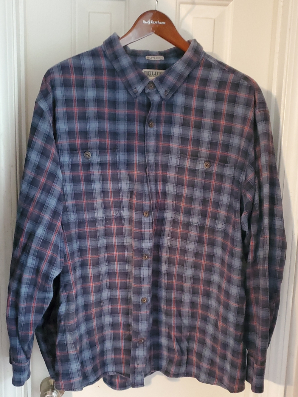 Duluth Trading Co. Navy and Pink Plaid Button-Down Flannel